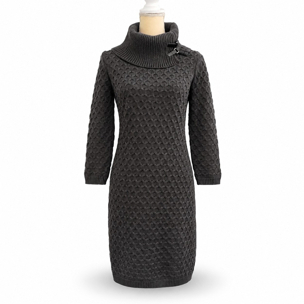 CALVIN KLEIN Size Small Gray Honeycomb Knit Cowl Neck with Buckle Sweater Dress